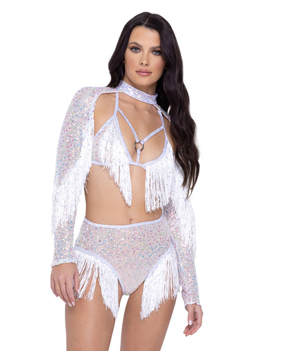 6221 Sequin Fishnet High Waisted Shorts with Sequin Fringe Detail White front view