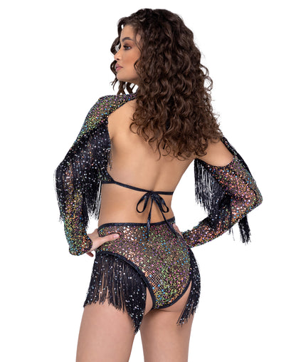 6222 Sequin Fishnet Shrug with Sequin Fringe Detail Black rear view