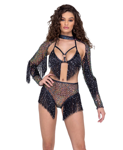 6222 Sequin Fishnet Shrug with Sequin Fringe Detail Black front view