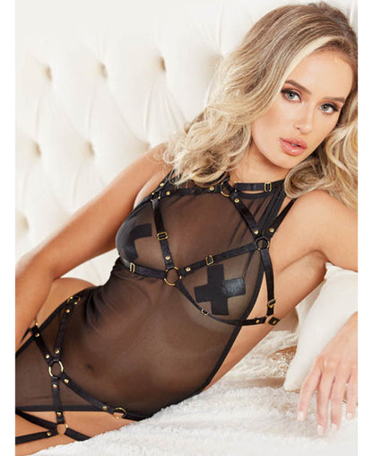 A1124 Ciara Choker Bralette & Open panty w/garters Black front view Posed w/additional teddy